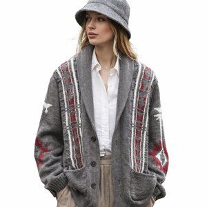 Oversized Lucky Brand cotton cardigan, shawl collar, bold S. Western graphics